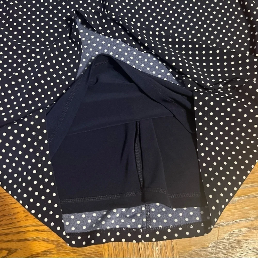 NEW Ralph Lauren Faux Wrap Ruched Jersey Knit Polka Dot Midi Dress in Navy Sz 6
